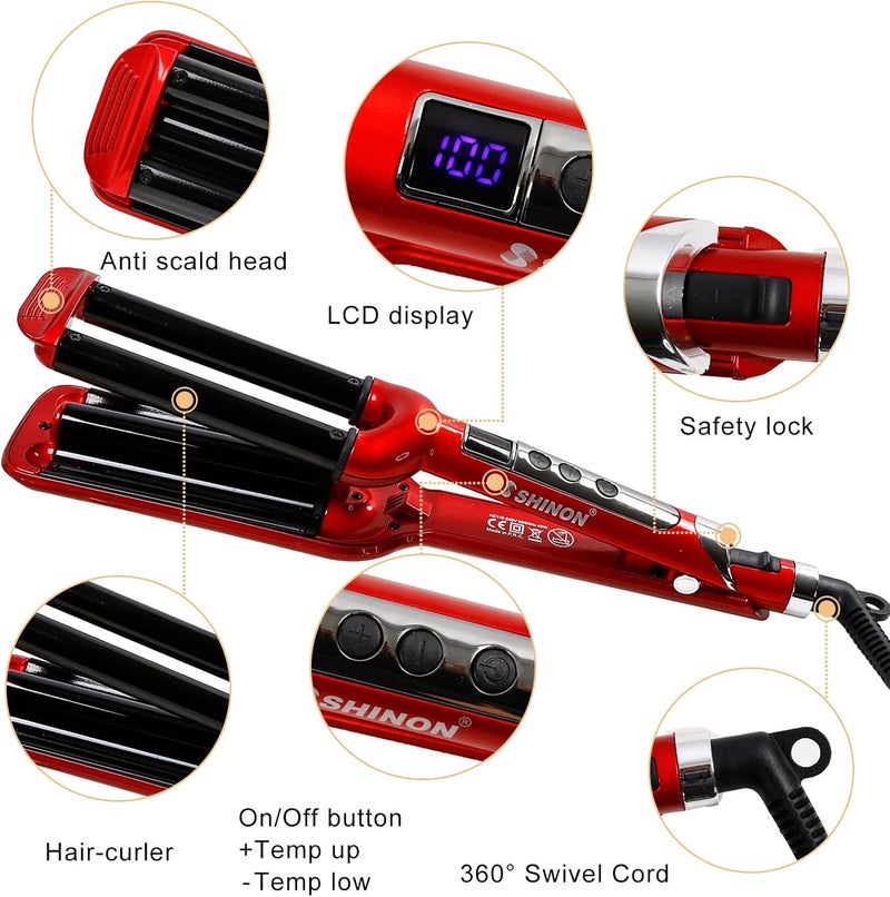 Mannice Ceramic Hair Iron, 3 Barrel Curling Iron 0.6 inch / 16mm Perm Instant Curls, Hair Crimper and Wavers, Red (8 inches), Ideal Gift for Valentine's Day or Mother's Day - Image 2